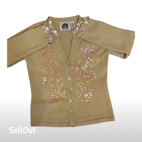 Storybook Knits Women's XS Beige Floral Embroidered Cardigan Sweater - Picture 4 of 7